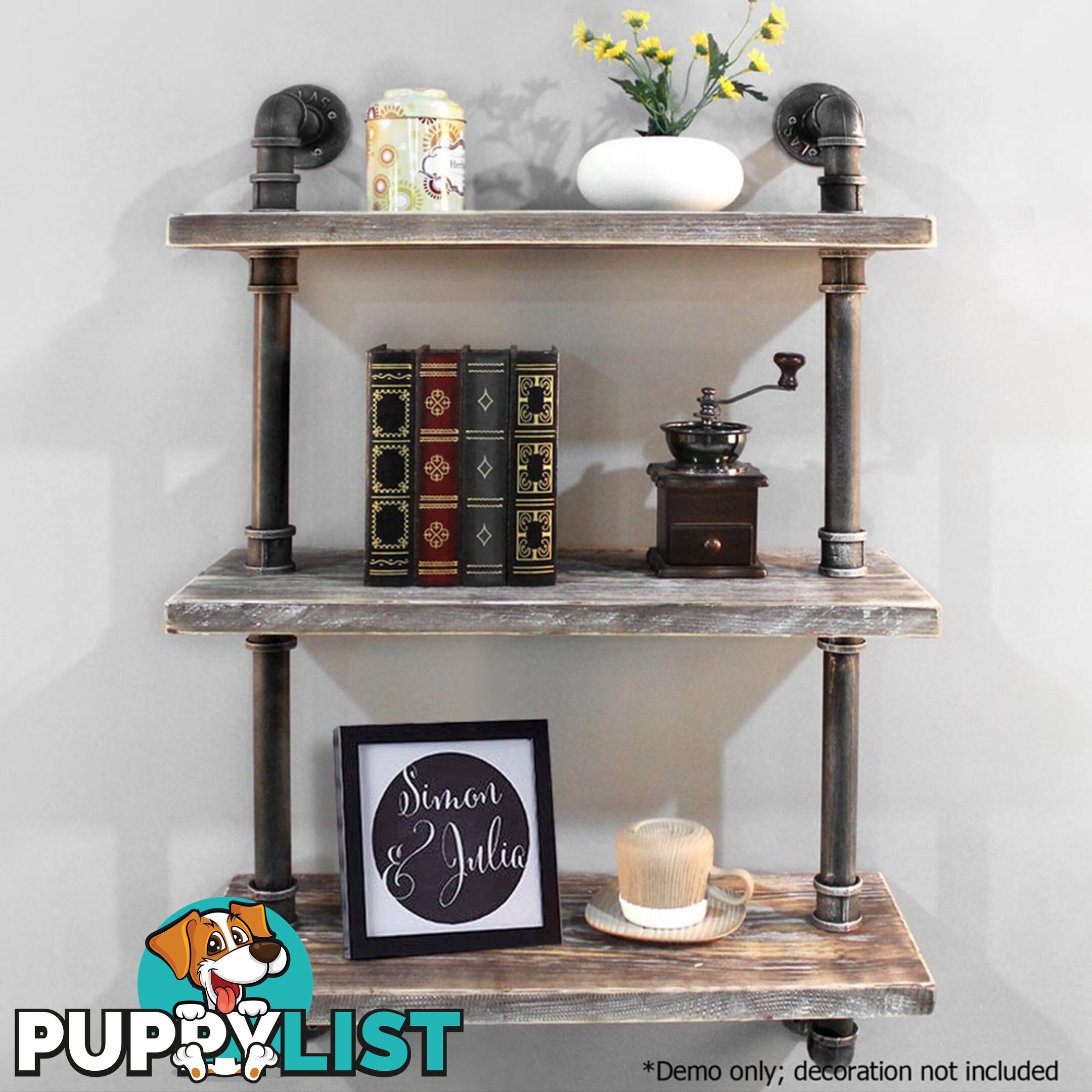 Rustic Industrial DIY Pipe Shelf Storage Vintage Wooden Floating Bookshelf Wall