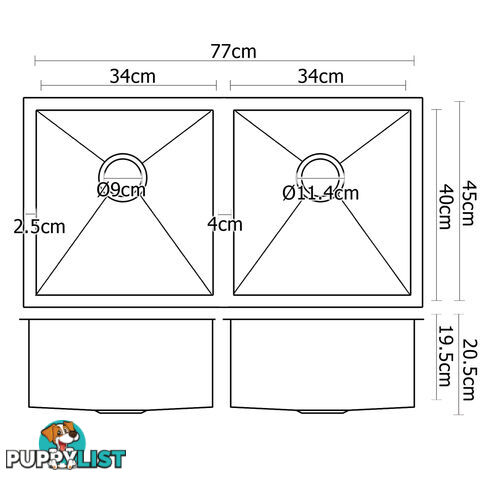 Handmade Stainless Steel Kitchen Laundry Sink Undermount Topmount 770 x 450 mm