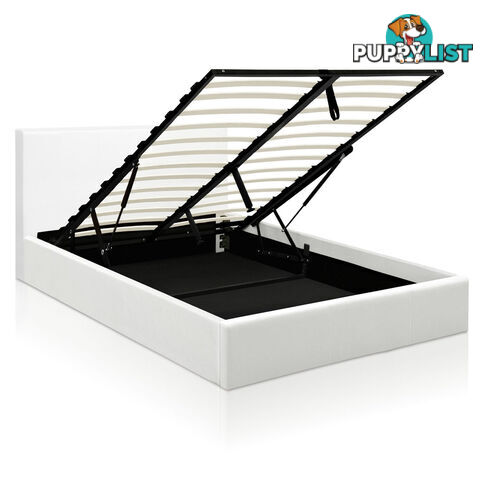 Deluxe White Gas Lift PU Leather Storage Bed Frame Double