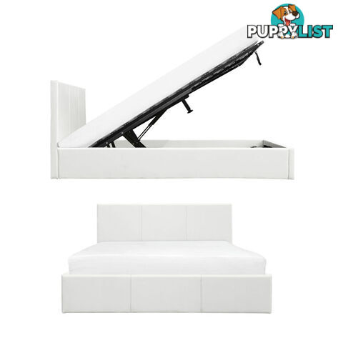 Deluxe White Gas Lift PU Leather Storage Bed Frame Double