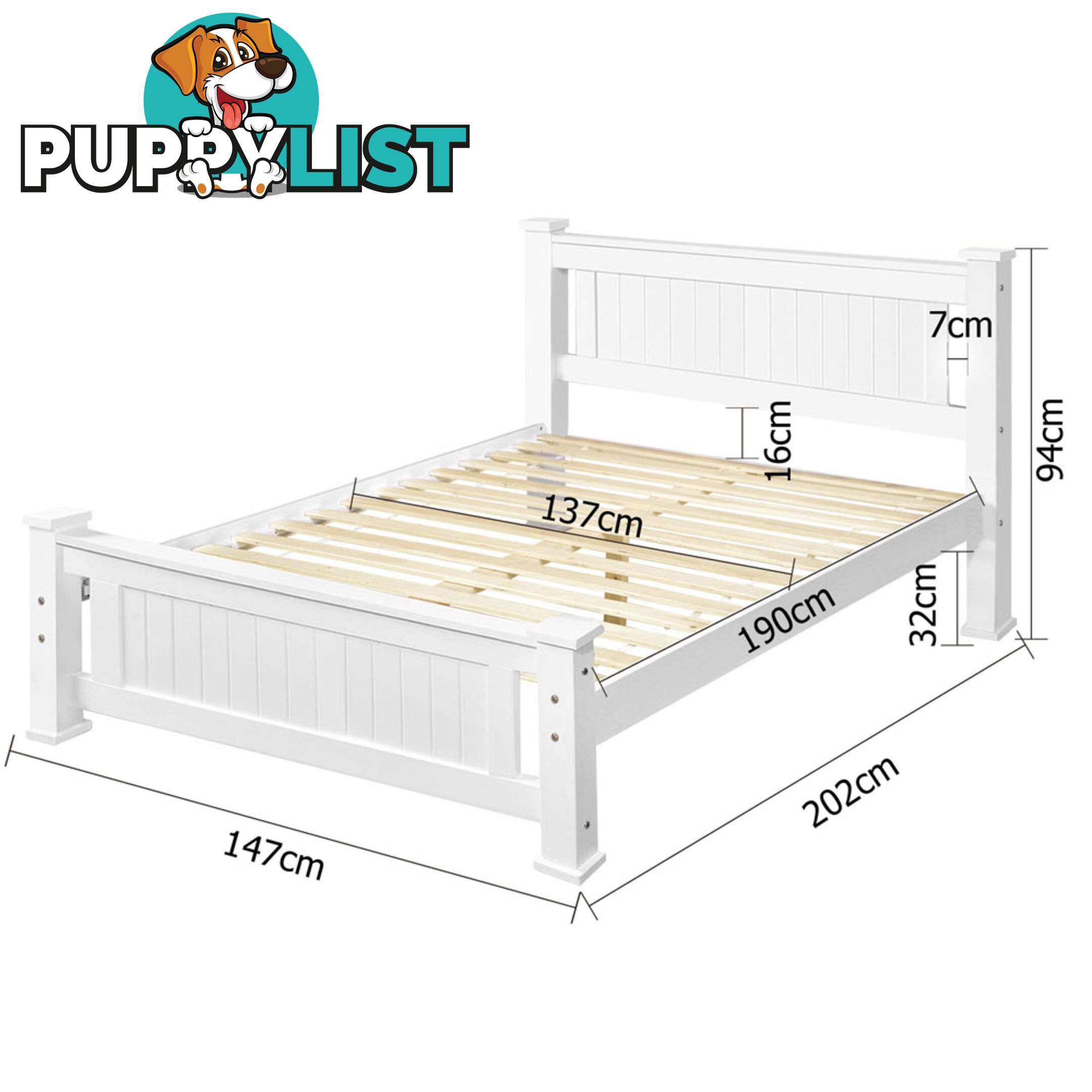 Wooden Bed Frame Pine Wood Double White