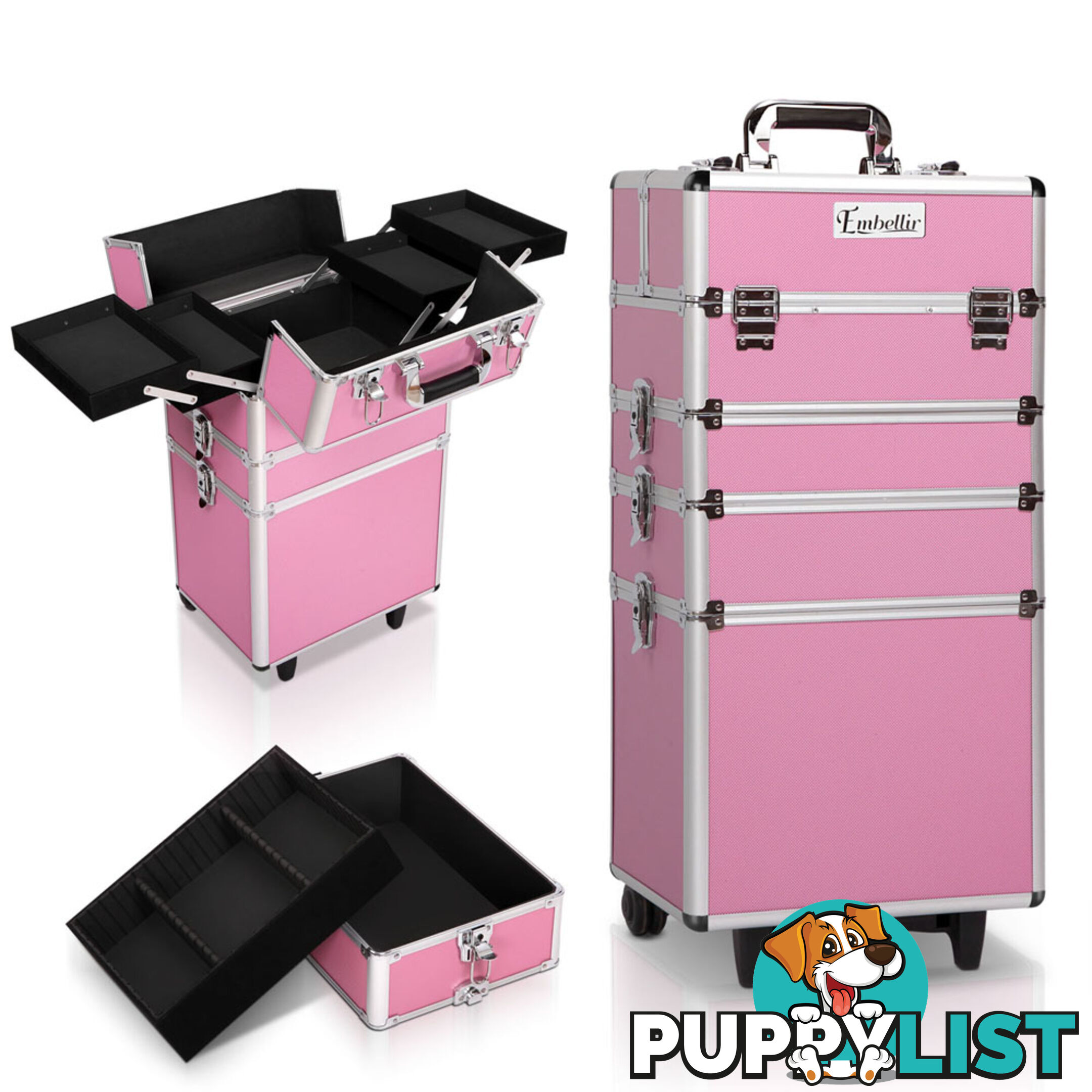 7in1 Pink Aluminium Frame Professional Beauty Cosmetic Makeup Case Box Trolley