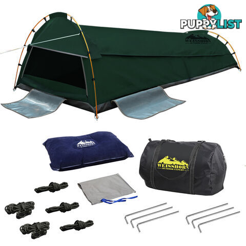 King Single Swag Camping Swags Canvas Tent Carry Bag Air Pillow Green