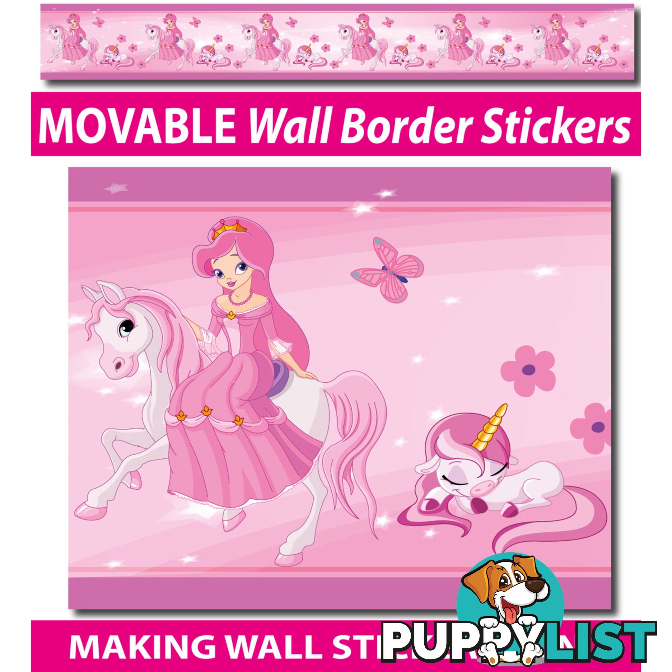 Princess and Unicorns Wall Border Stickers - Totally Movable