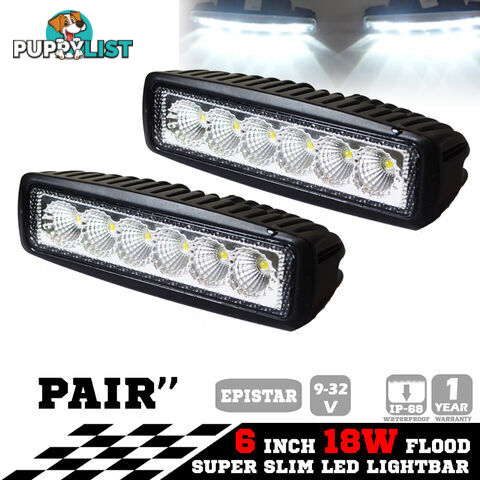 2x 6inch 18W LED Light Bar Driving Work Lamp Flood Truck Offroad UTE 4WD