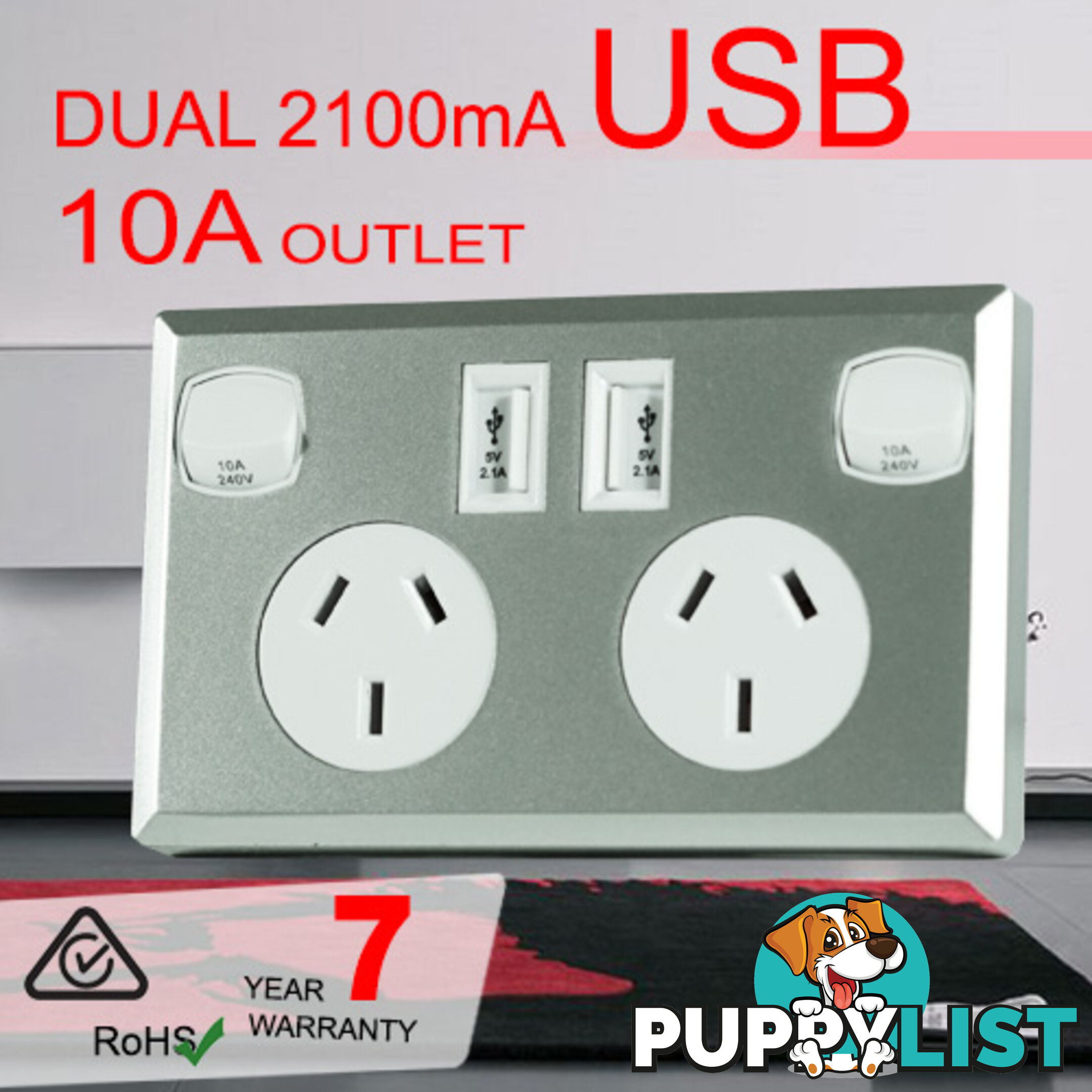 10A Double Australian USB Power Point Supply 2 Socket Switch Wall Plug Silver