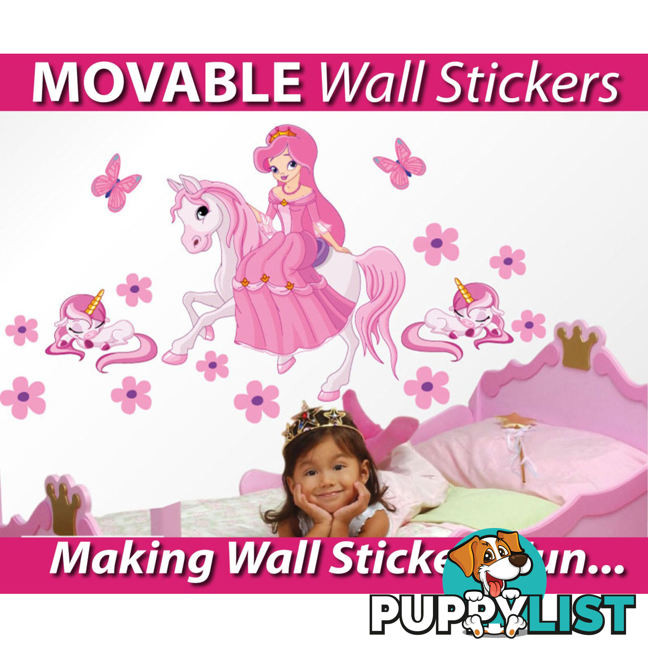 Extra Large Size Princess on a horse with unicorns Wall Sticker - Totally Movable