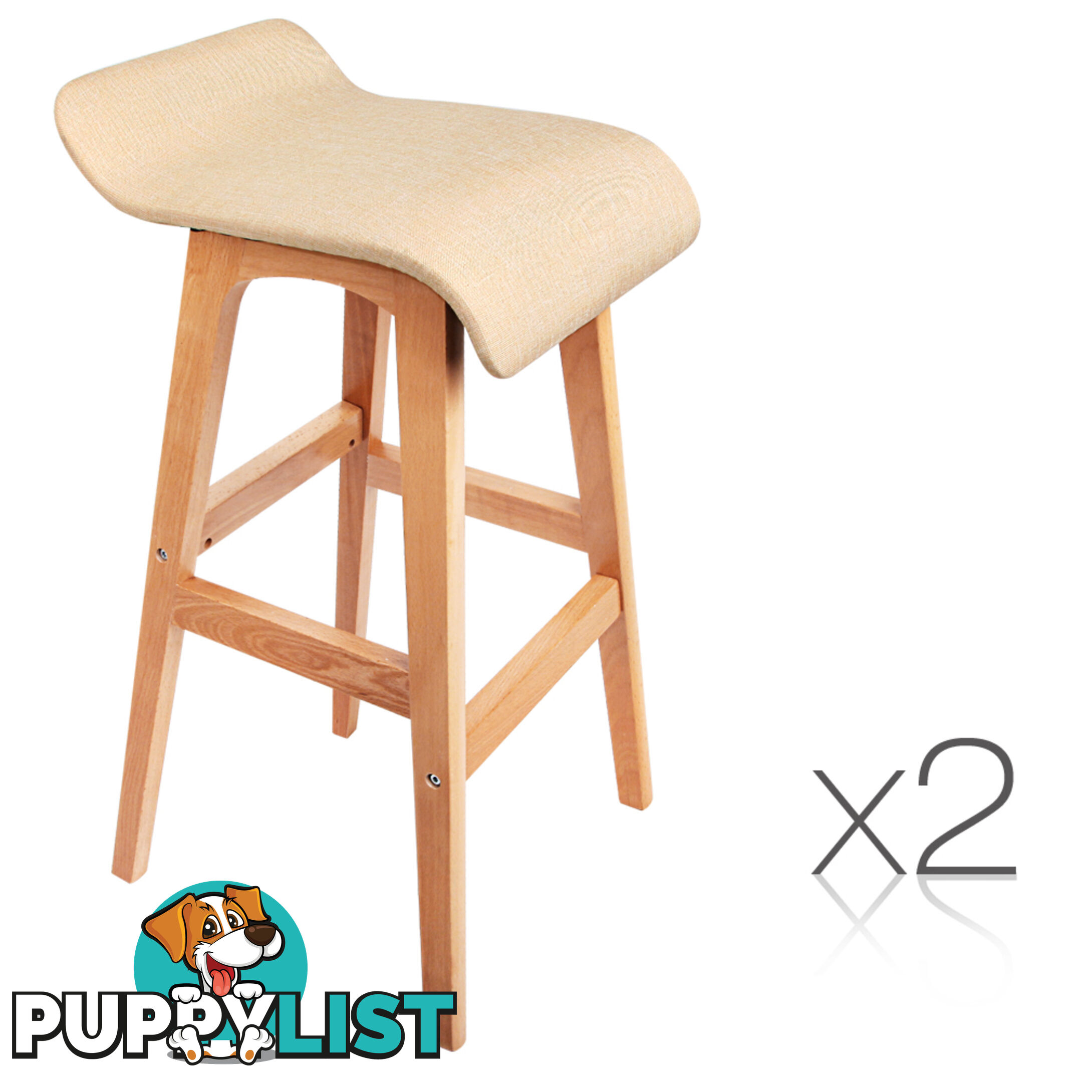 2 x Beech Wood Fabric Bar Stools - Beige