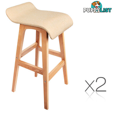 2 x Beech Wood Fabric Bar Stools - Beige