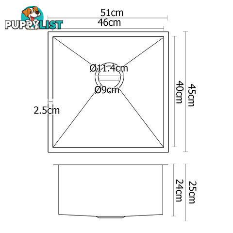 Handmade Stainless Steel Kitchen Laundry Sink Undermount Topmount 510 x 450 mm