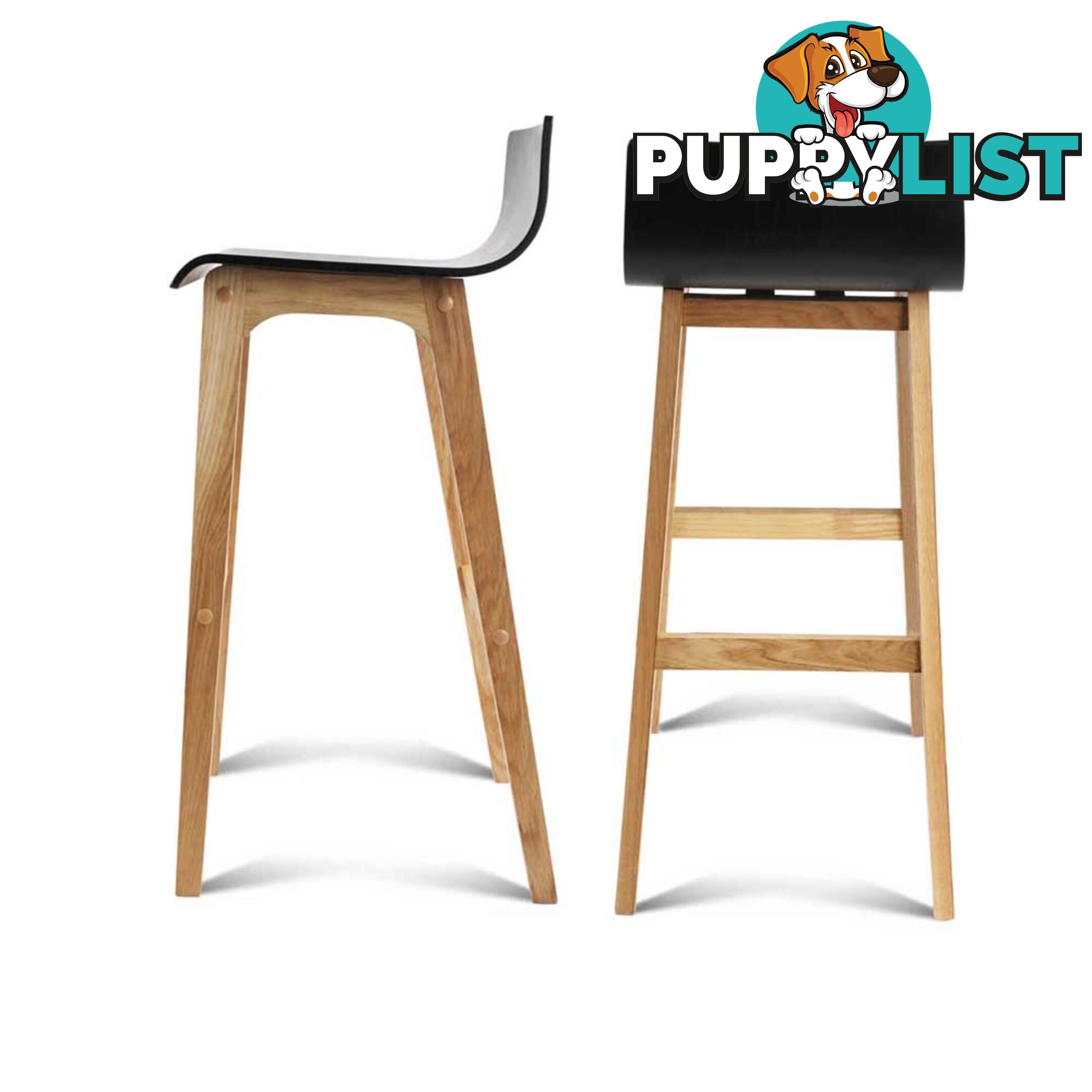 Set of 2 Oak Wood Bar Stools - Black