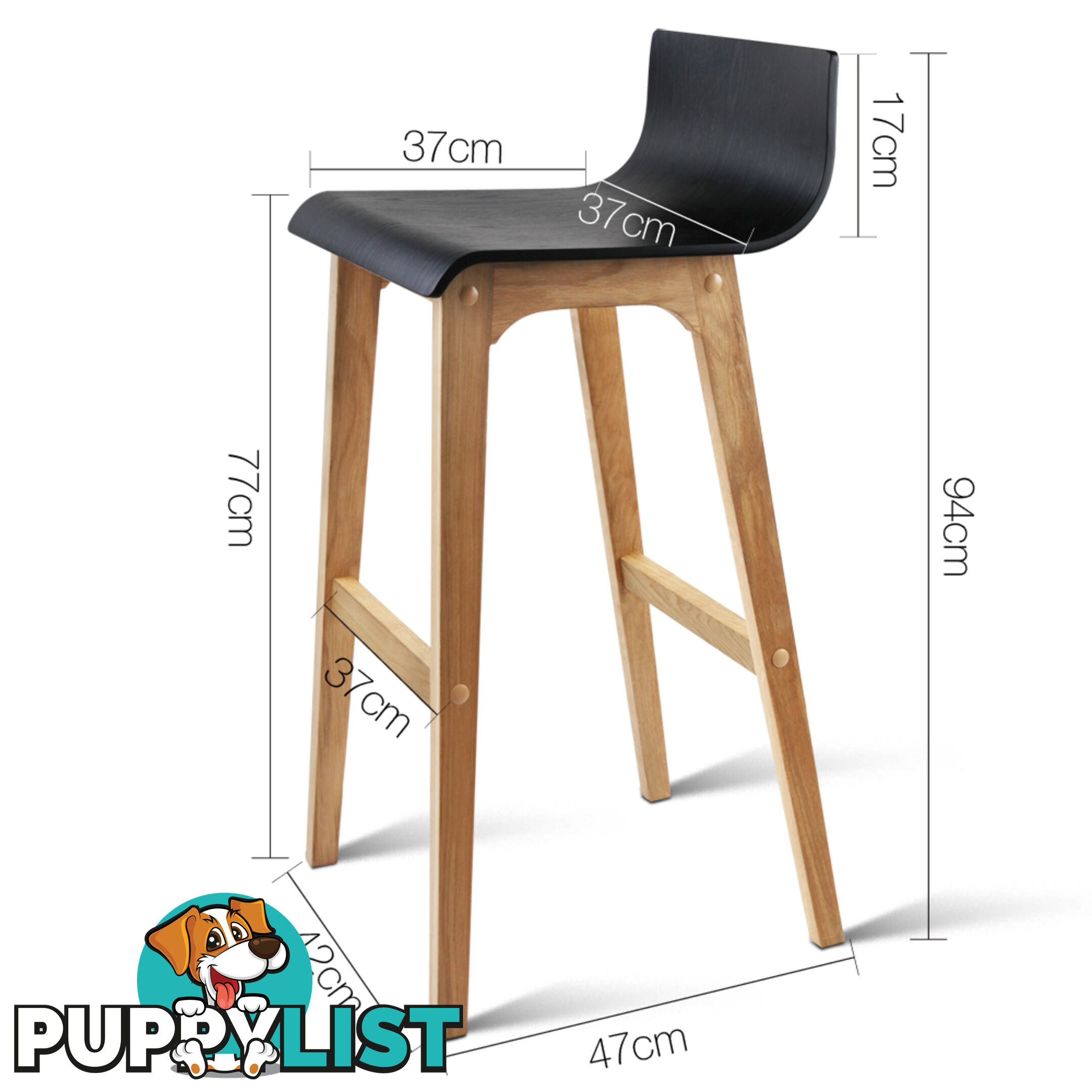 Set of 2 Oak Wood Bar Stools - Black