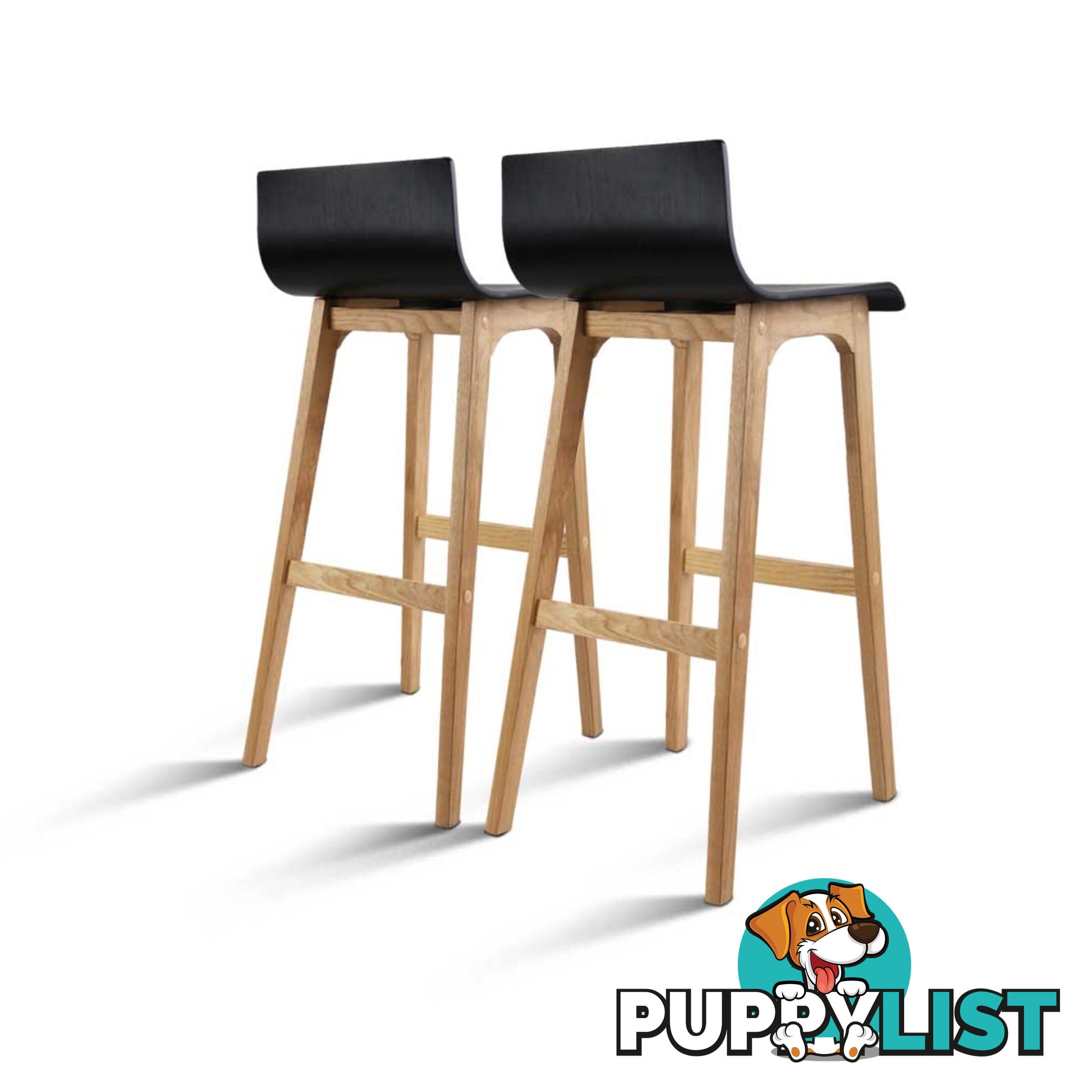 Set of 2 Oak Wood Bar Stools - Black