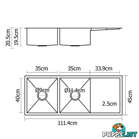 Handmade Stainless Steel Kitchen Laundry Sink Undermount Topmount 1114 x 450mm