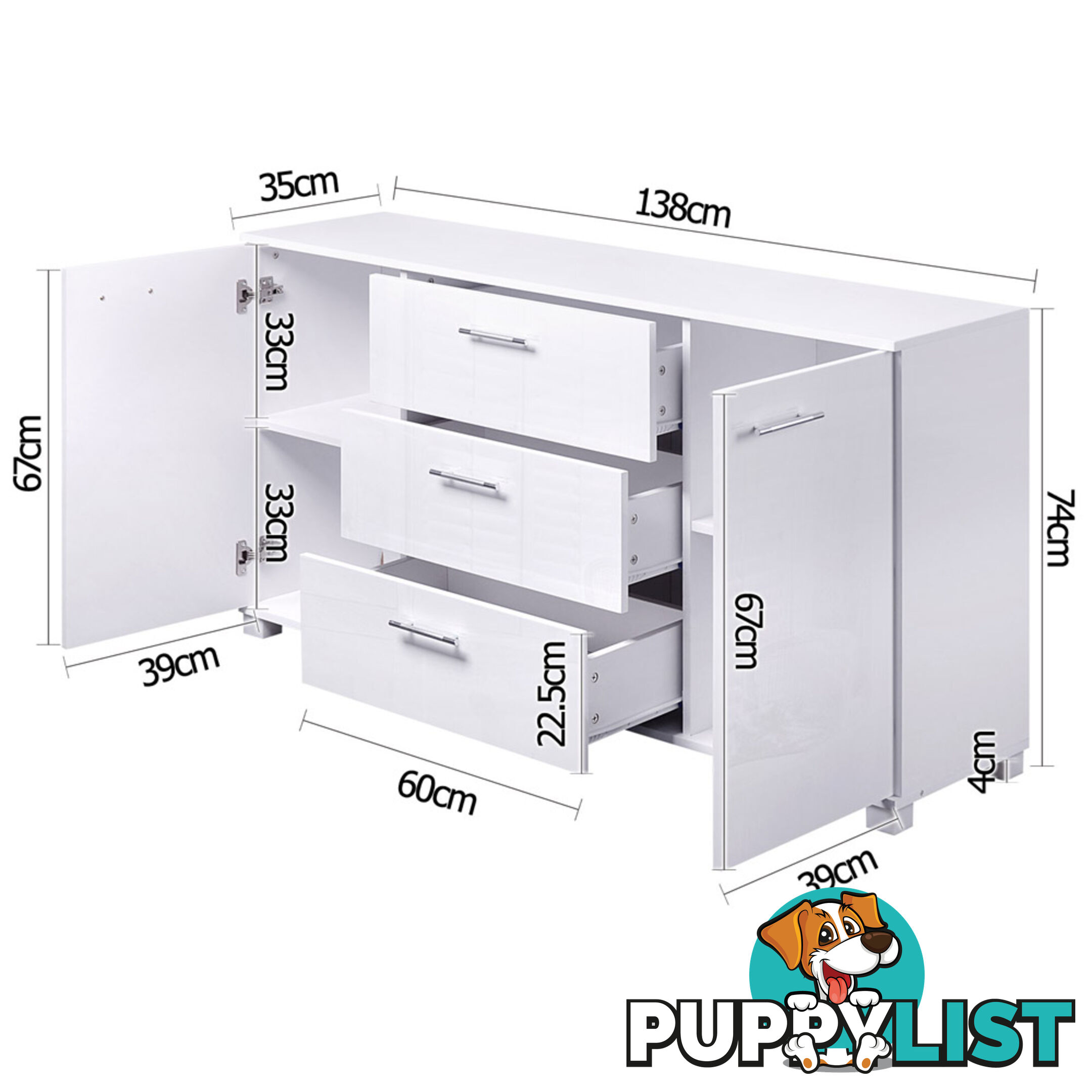 High Gloss Sideboard Storage Cabinet Cupboard White