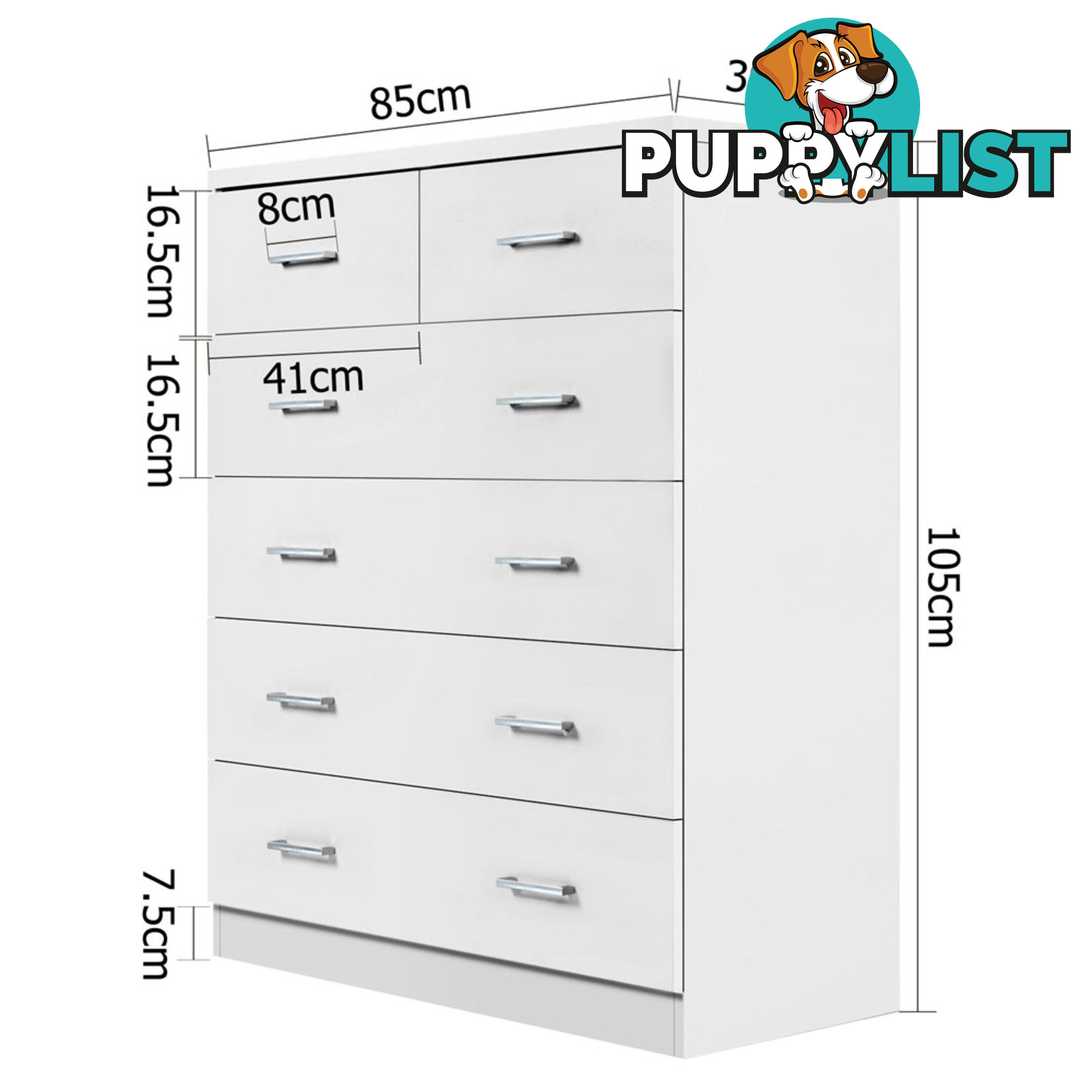 6 Drawer Tallboy Bedroom Storage White