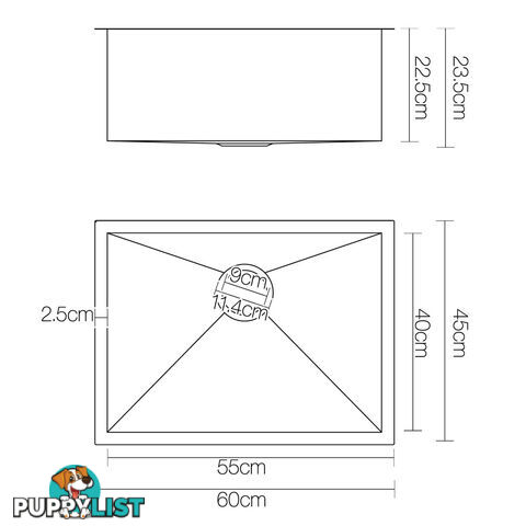 Handmade Stainless Steel Kitchen Laundry Sink Topmount Undermount 600 x 450 mm