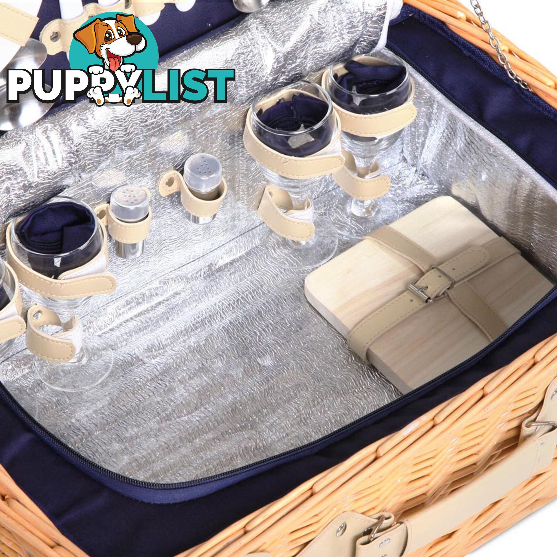 4 Person Picnic Basket Set with Cooler Bag Blanket - Navy