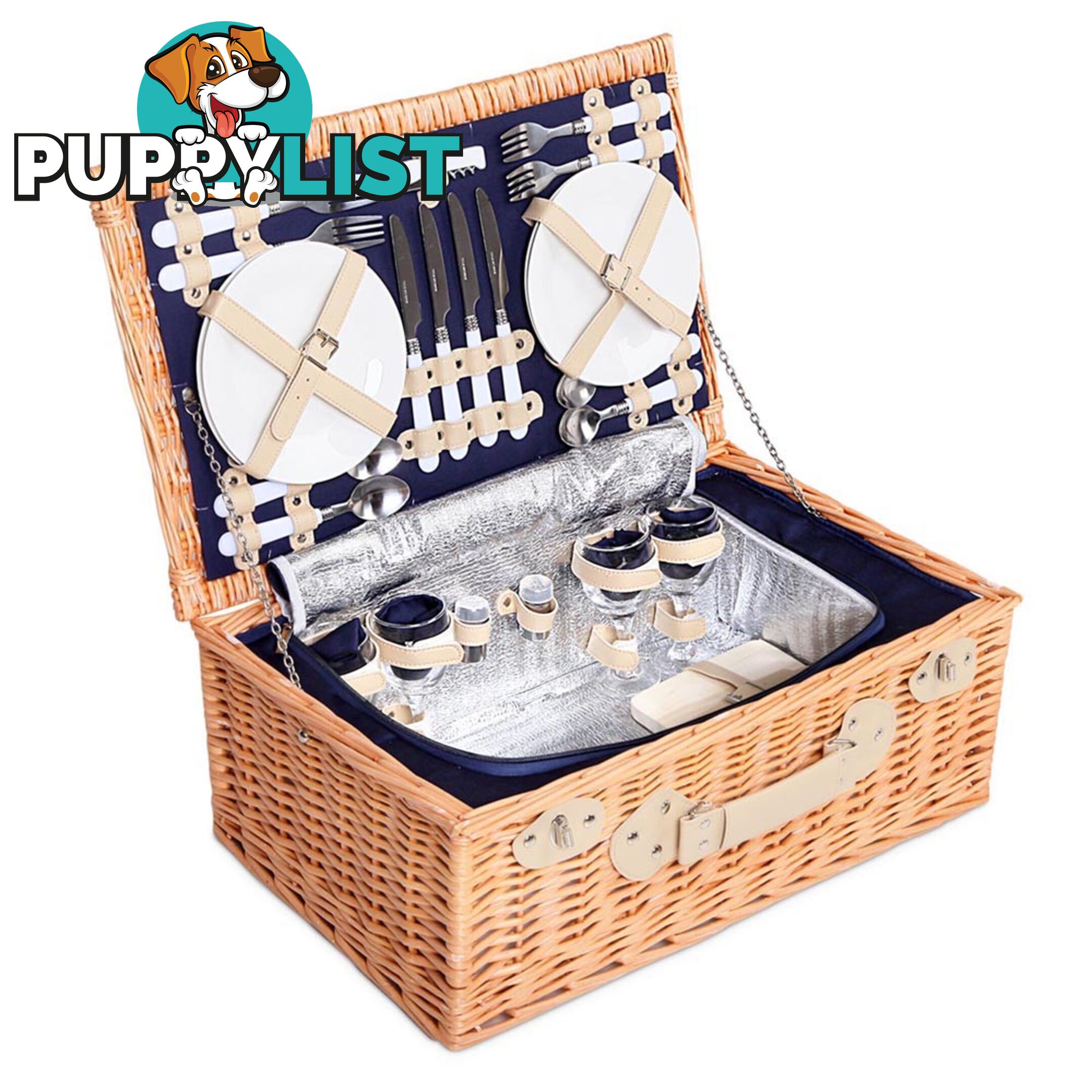 4 Person Picnic Basket Set with Cooler Bag Blanket - Navy