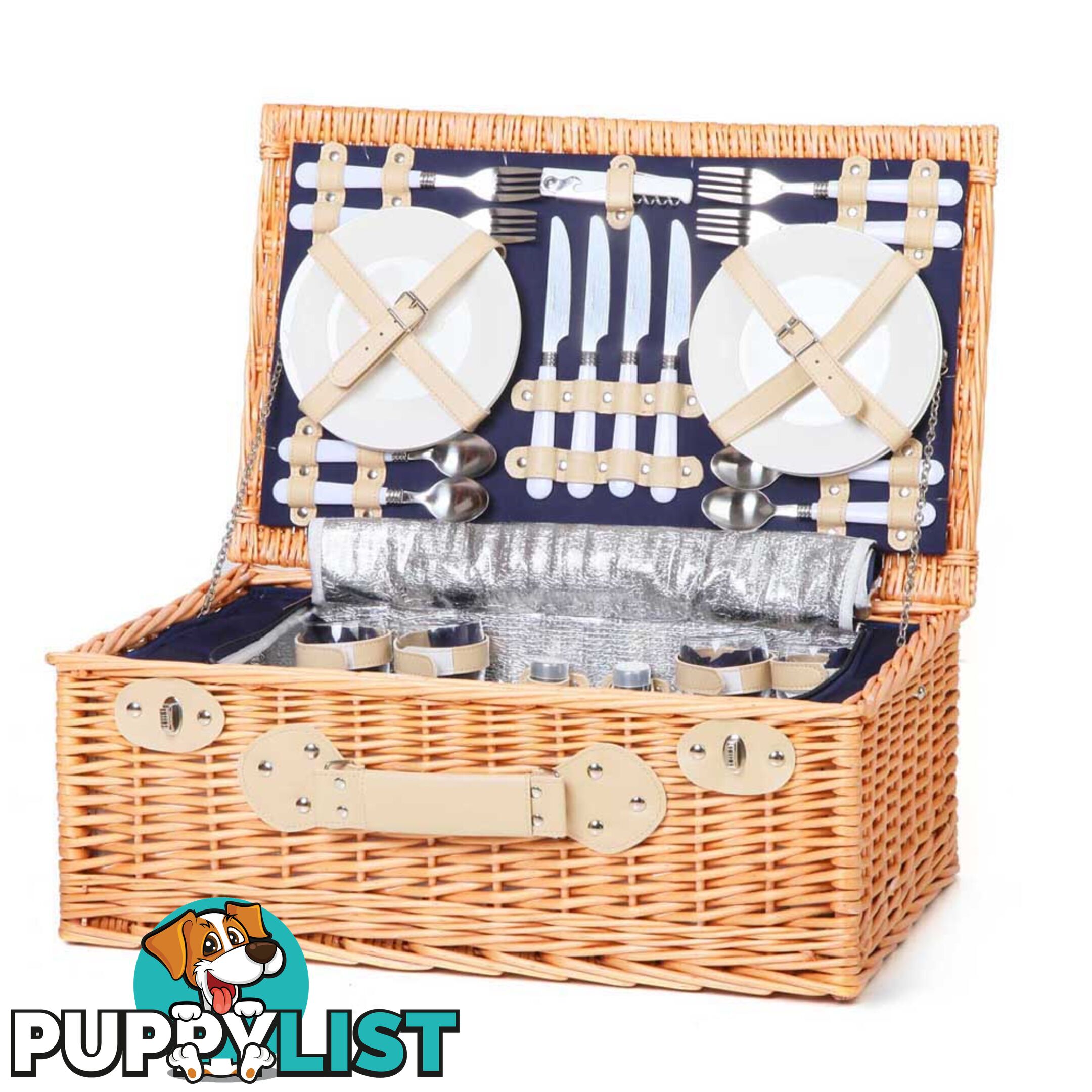 4 Person Picnic Basket Set with Cooler Bag Blanket - Navy