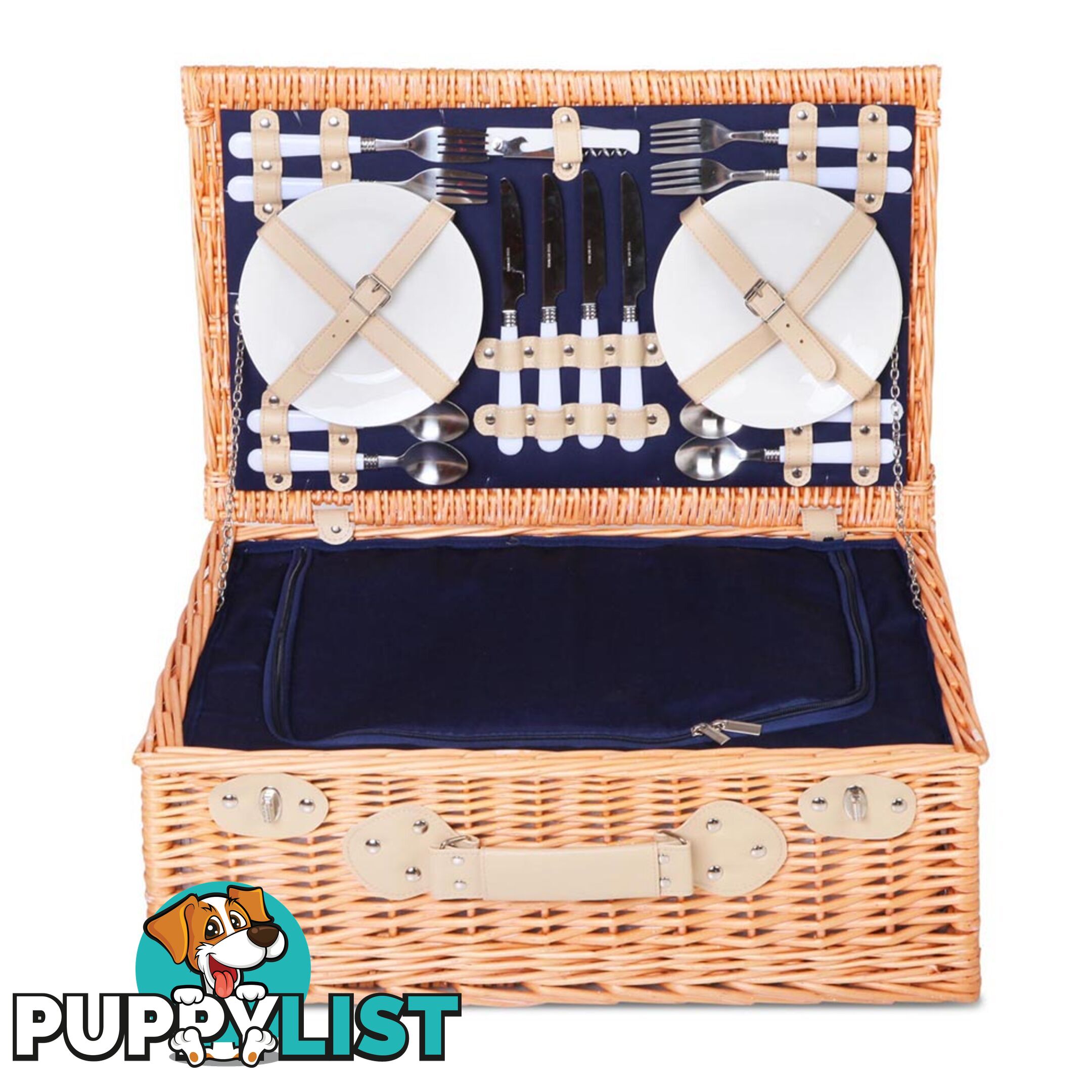 4 Person Picnic Basket Set with Cooler Bag Blanket - Navy