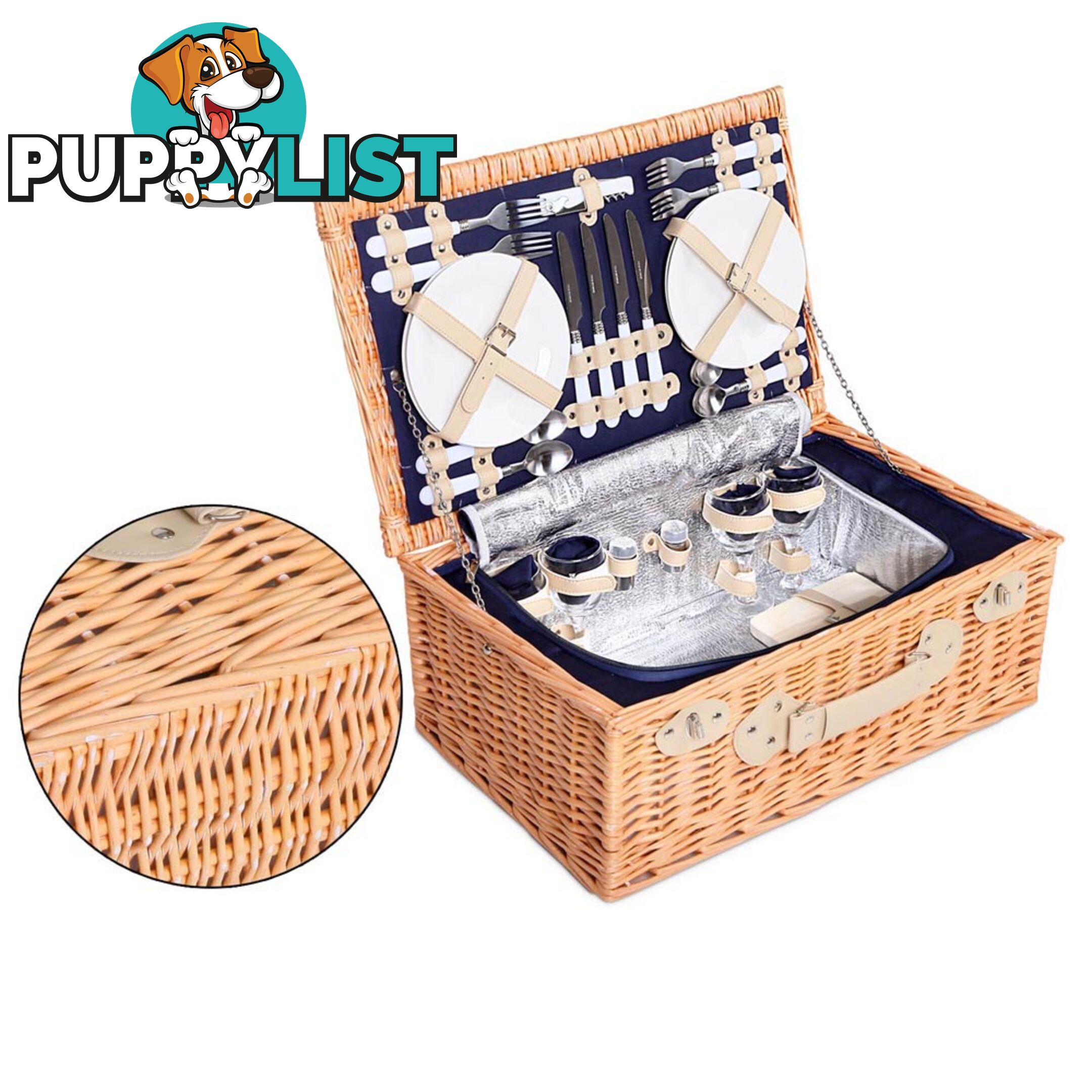 4 Person Picnic Basket Set with Cooler Bag Blanket - Navy