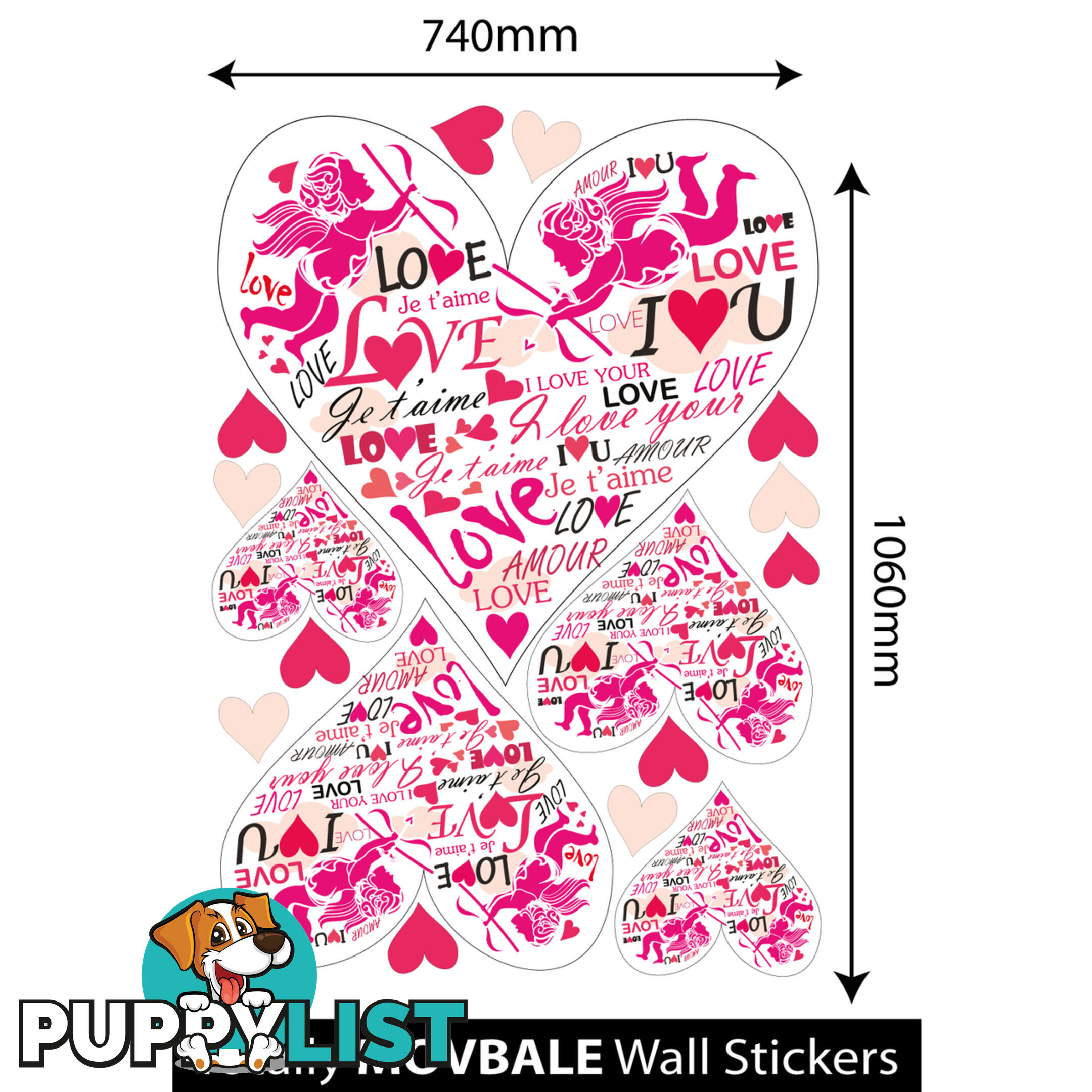 Extra Large Size Pink Cupid Love Hearts Wall Stickers - Totally Movable