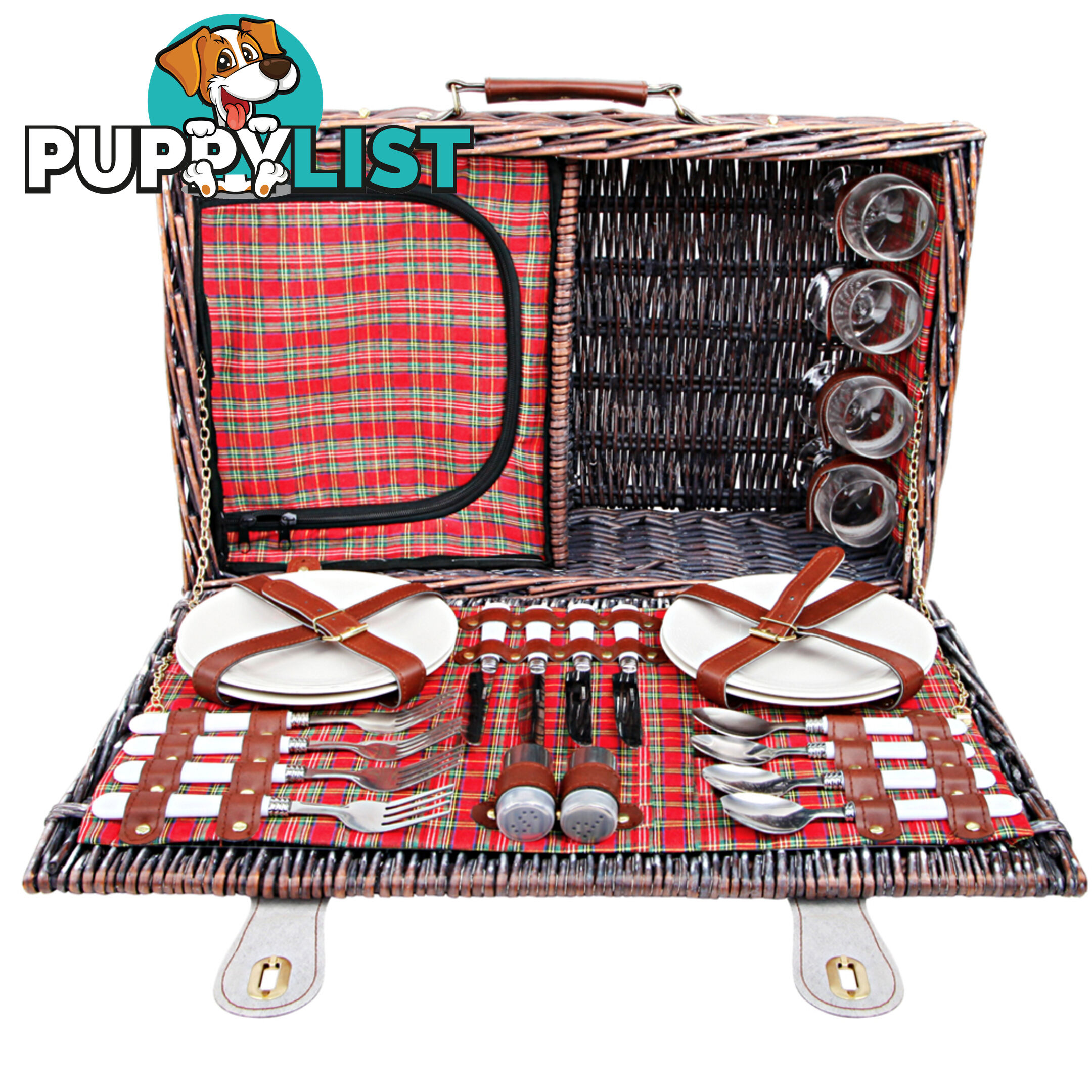 4 Person Picnic Basket Set w/ Cooler Bag Blanket