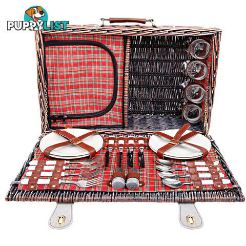 4 Person Picnic Basket Set w/ Cooler Bag Blanket