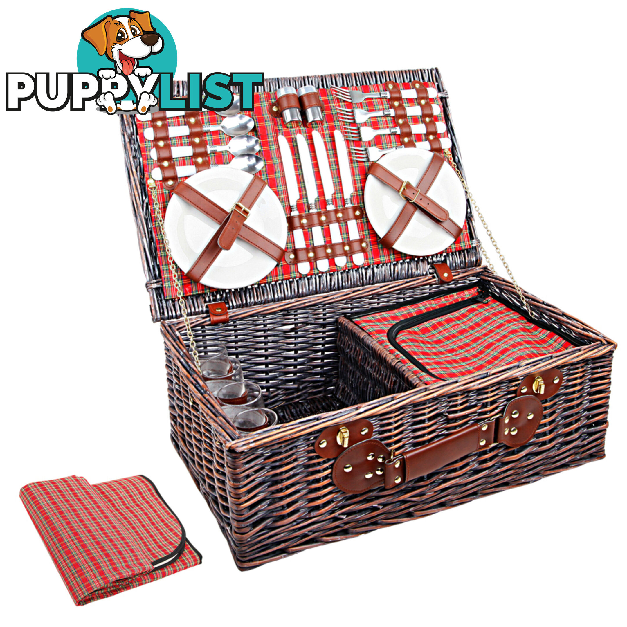 4 Person Picnic Basket Set w/ Cooler Bag Blanket