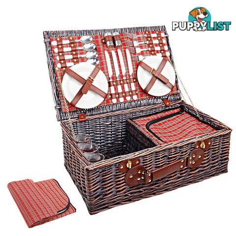 4 Person Picnic Basket Set w/ Cooler Bag Blanket