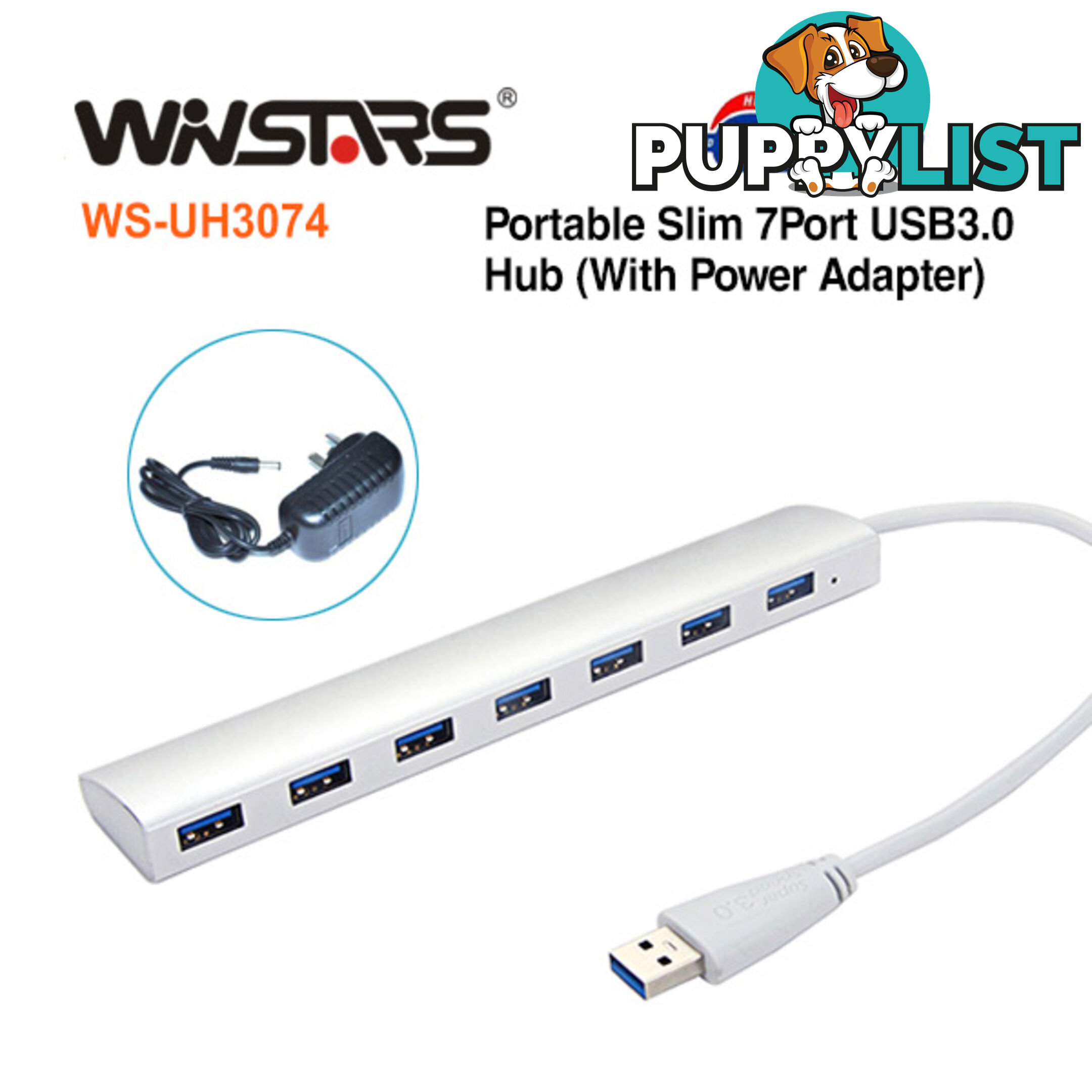 Portable slim 7-Port USB3.0 Hub with Power Adapter (SAA approval Power)