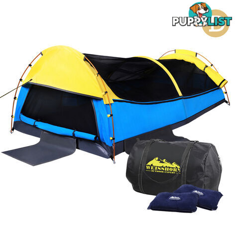 Double Swag Camping Canvas Tent Aluminium Pole Carry Bag Air Pillow Yellow/Blue