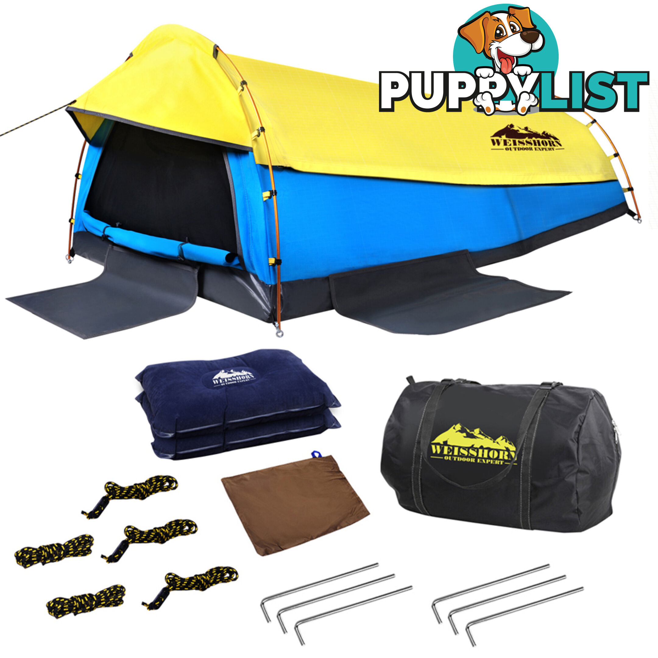 Double Swag Camping Canvas Tent Aluminium Pole Carry Bag Air Pillow Yellow/Blue