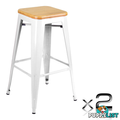 Set of 2 Tolix Replica Metal Steel Bamboo Seat Bar stool 76 cm White