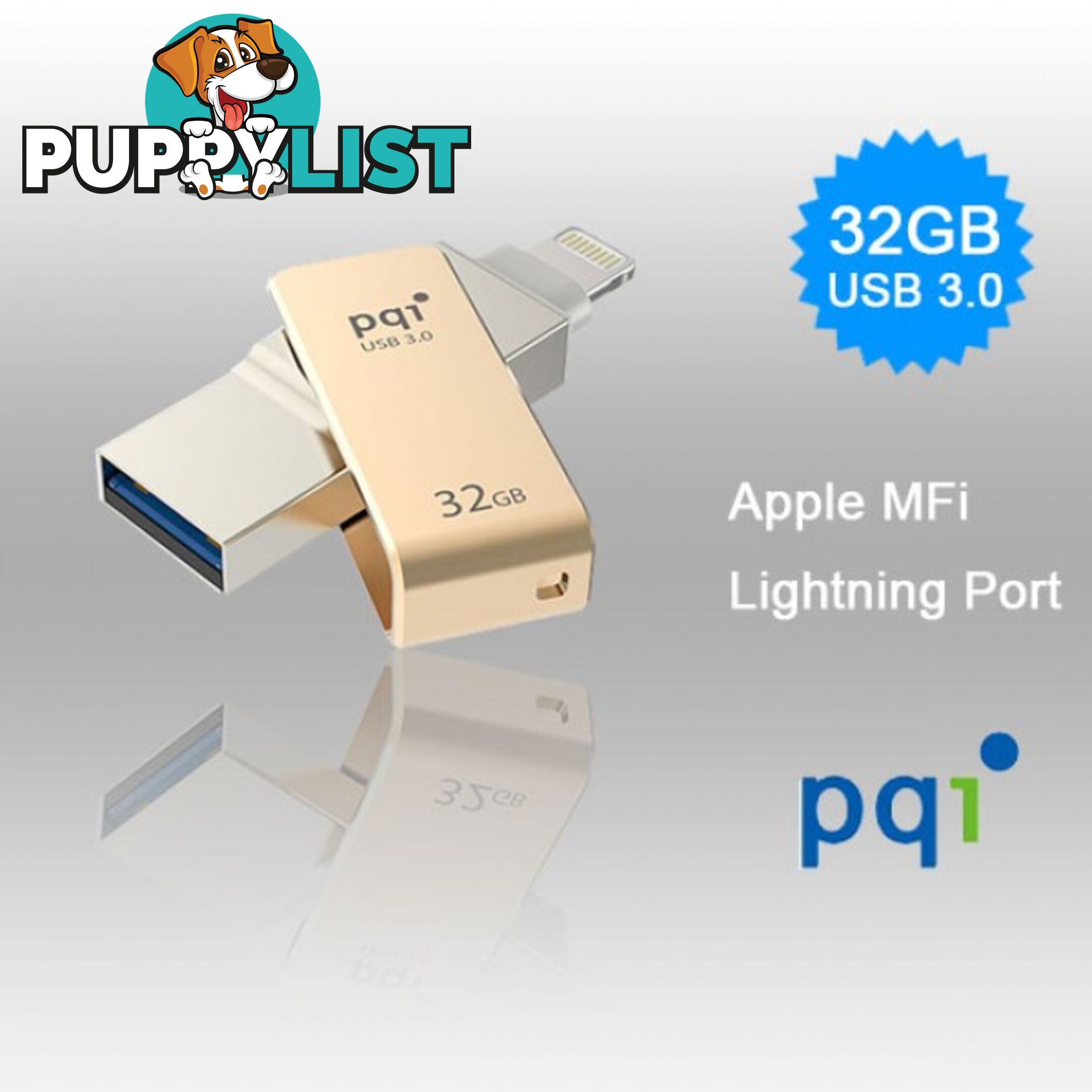 PQI iConnect Mini 6I04-032GR2001 Gold [Apple MFi] 32 GB Mobile Flash Drive w/ Lightning Connector for iPhones iPads Mac & PC USB 3.0 (6I04-032GR2001)