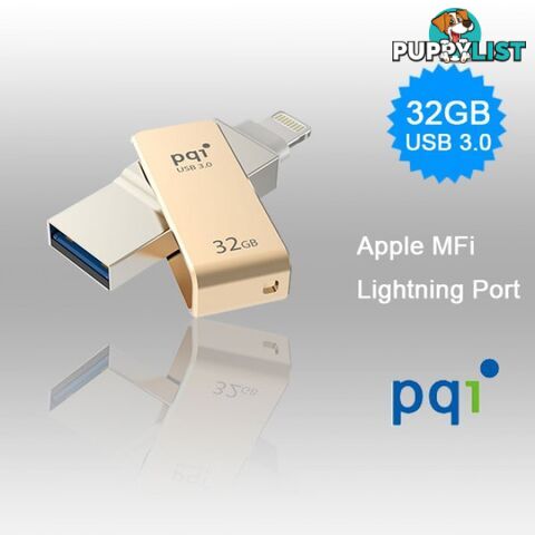 PQI iConnect Mini 6I04-032GR2001 Gold [Apple MFi] 32 GB Mobile Flash Drive w/ Lightning Connector for iPhones iPads Mac & PC USB 3.0 (6I04-032GR2001)