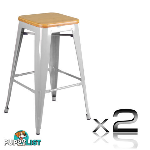 Set of 2 Replica Tolix Kitchen Bar Stool Bamboo Seat 66cm Metal