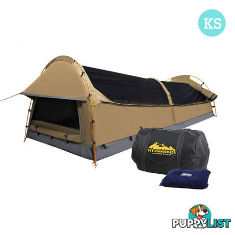 King Single Swag Canvas Camping Tent Aluminium Pole Carry Bag Air Pillow Beige