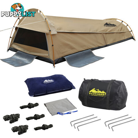 King Single Swag Canvas Camping Tent Aluminium Pole Carry Bag Air Pillow Beige