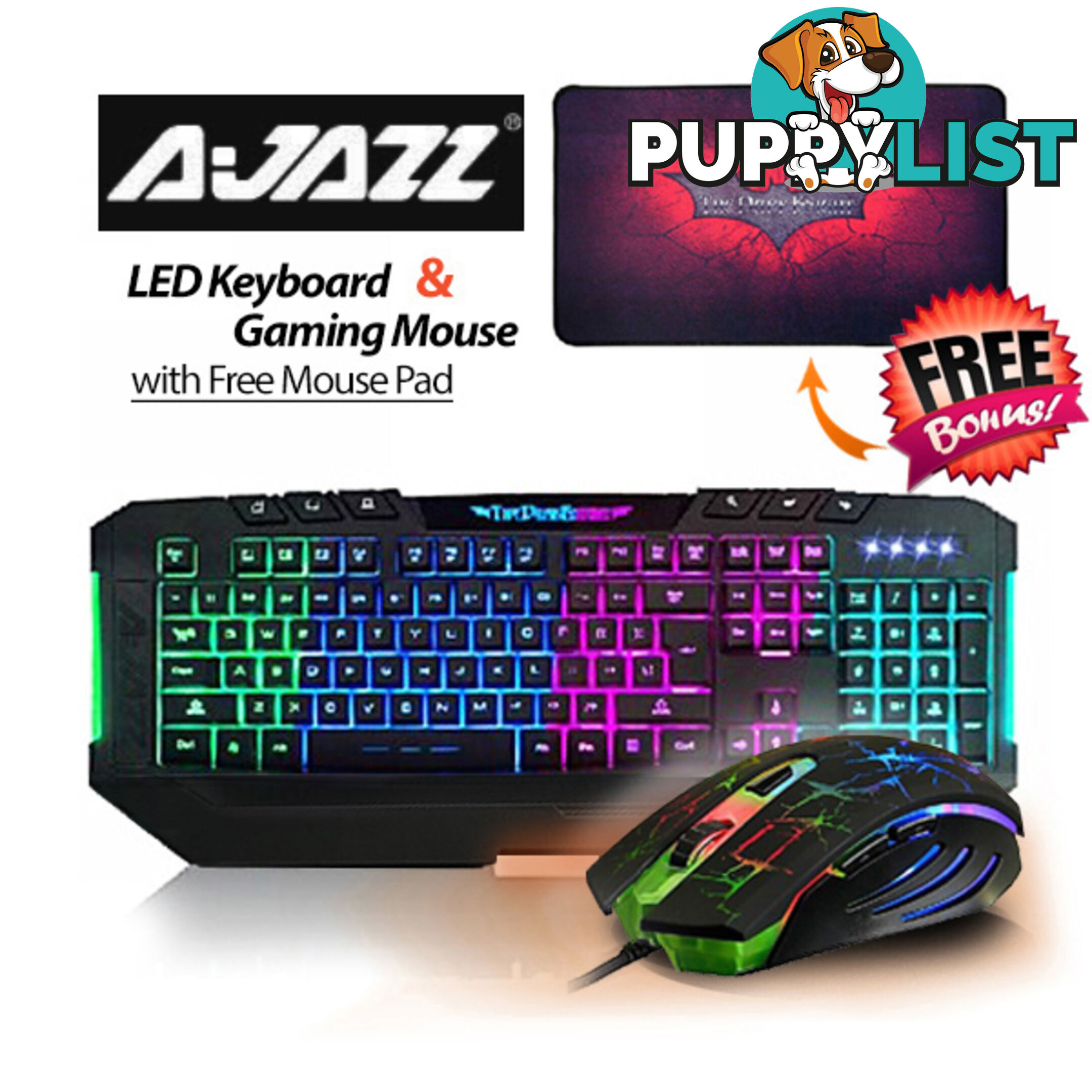 Ajazz Dark Knight 7 Backlight LED Keyboard and 7 LED Colors 2400DPI 6 Button USB Gaming Mouse with Free Gaming Mouse Pad Set