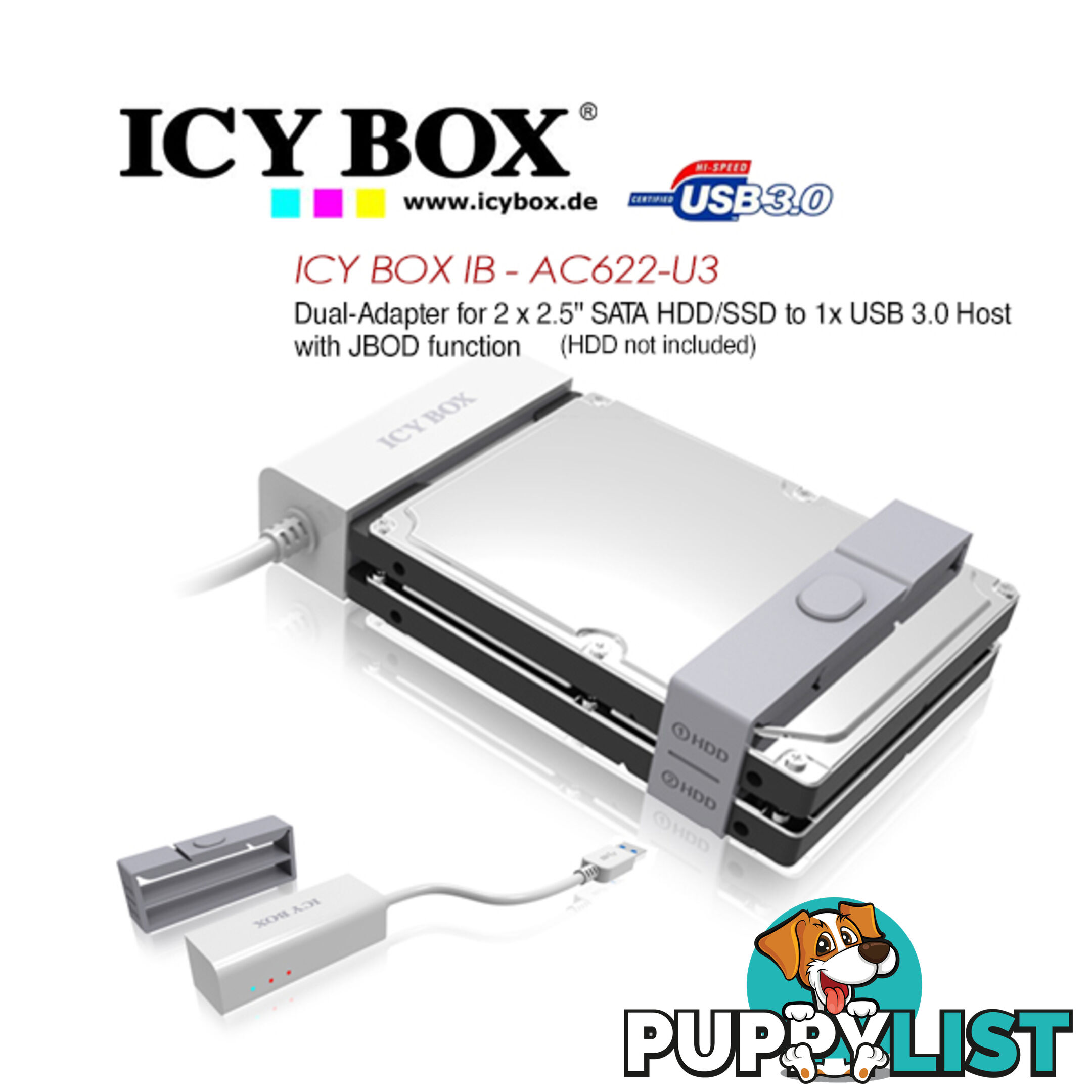 ICY BOX (IB-AC622-U3)Dual-Adapter 2.5in SATA HDD/SSD USB 3.0 Host JBOD Function