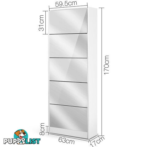 Mirrored Shoe Cabinet Storage 5 Drawers Shelf White