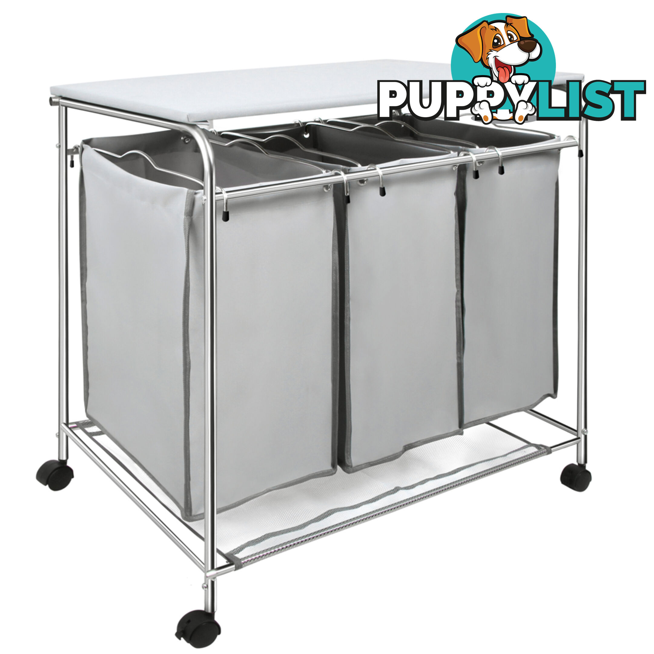 3 Compartment Laundry Trolley Hamper Cart Washing Basket Bag With Iron Board