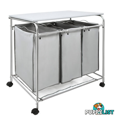 3 Compartment Laundry Trolley Hamper Cart Washing Basket Bag With Iron Board