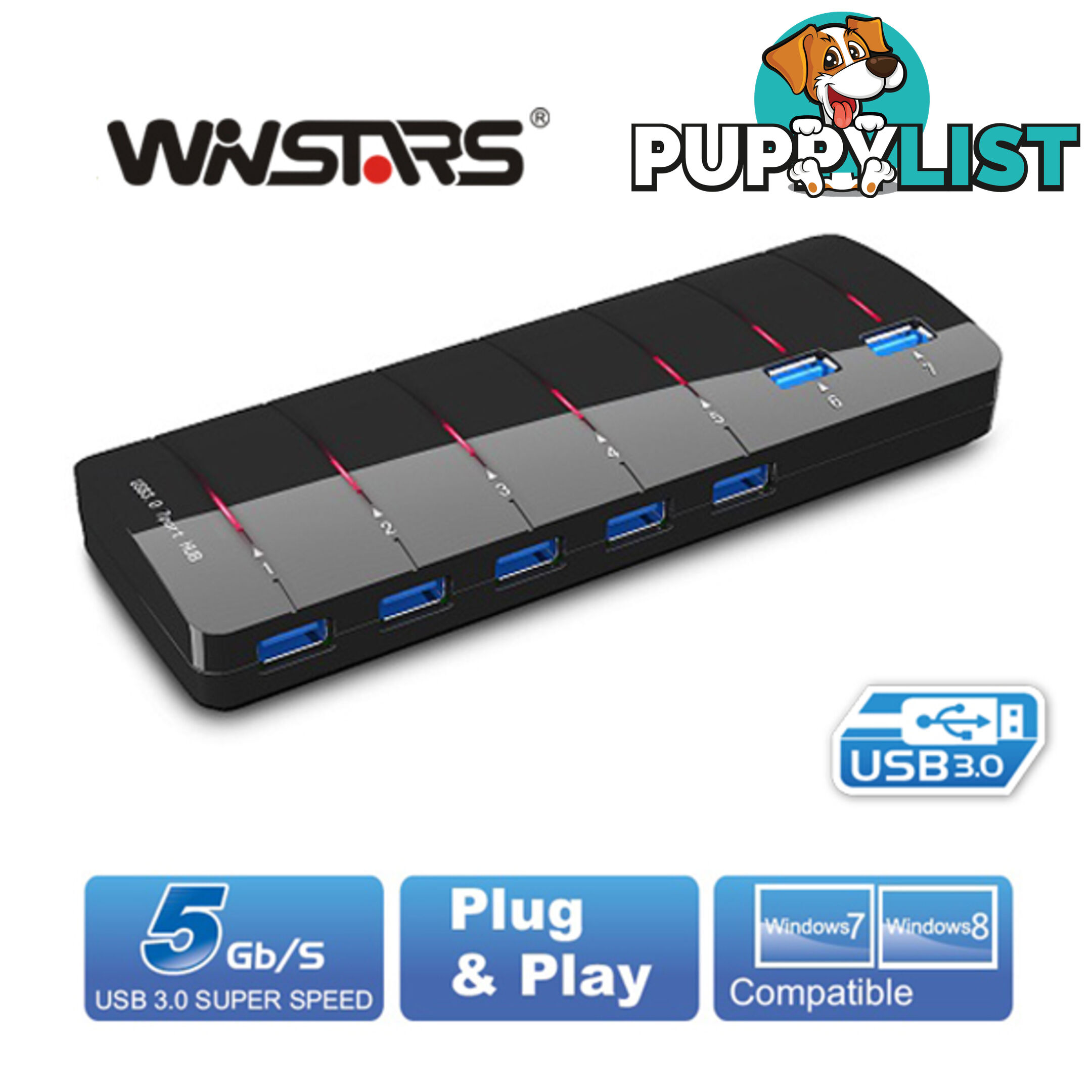 Winstars 7 Port USB 3.0 Hub with Power Adapter