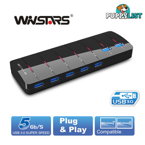 Winstars 7 Port USB 3.0 Hub with Power Adapter