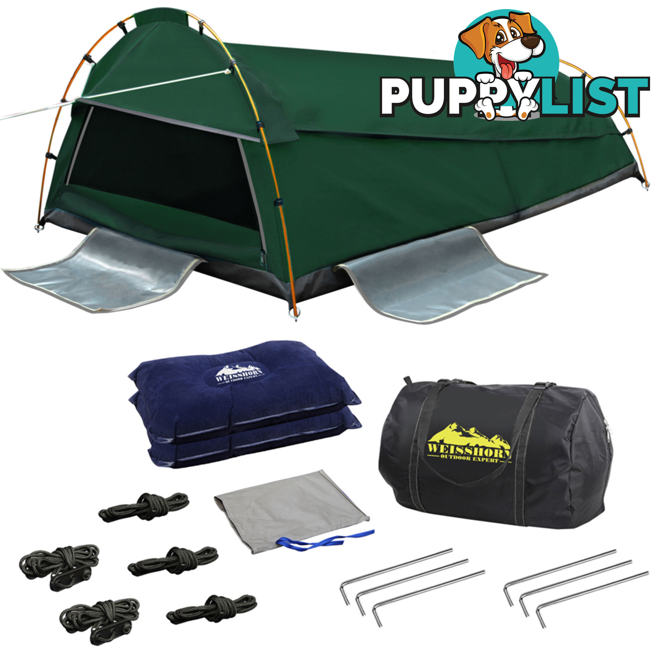 Double Swag Camping Canvas Tent Aluminium Pole Carry Bag Air Pillow Green