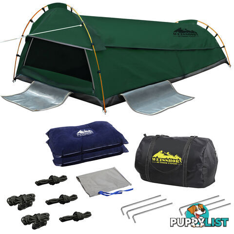 Double Swag Camping Canvas Tent Aluminium Pole Carry Bag Air Pillow Green