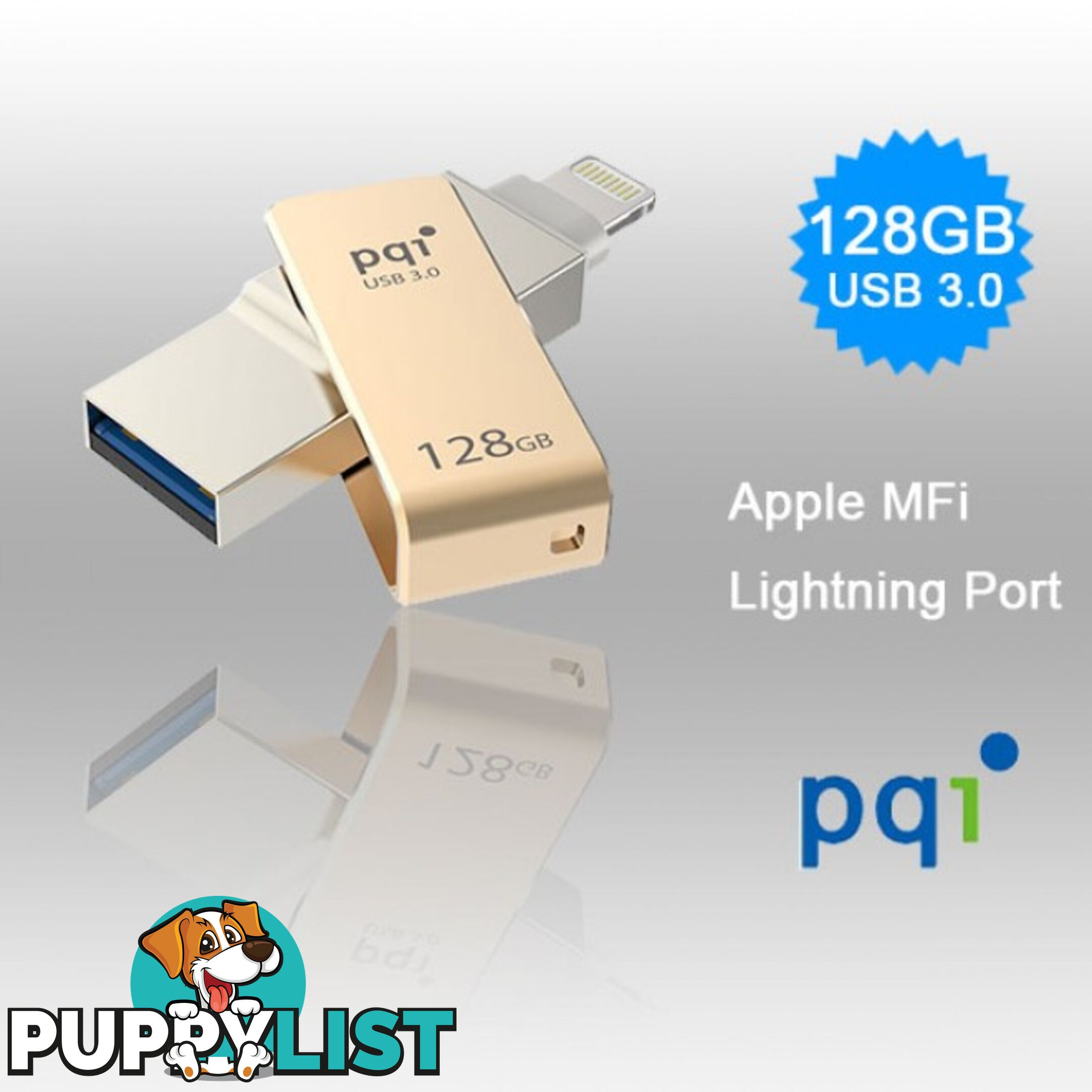 PQI iConnect Mini 6I04-128GR2001 Gold [Apple MFi] 128 GB Mobile Flash Drive w/ Lightning Connector for iPhones iPads Mac & PC USB 3.0 (6I04-128GR2001)